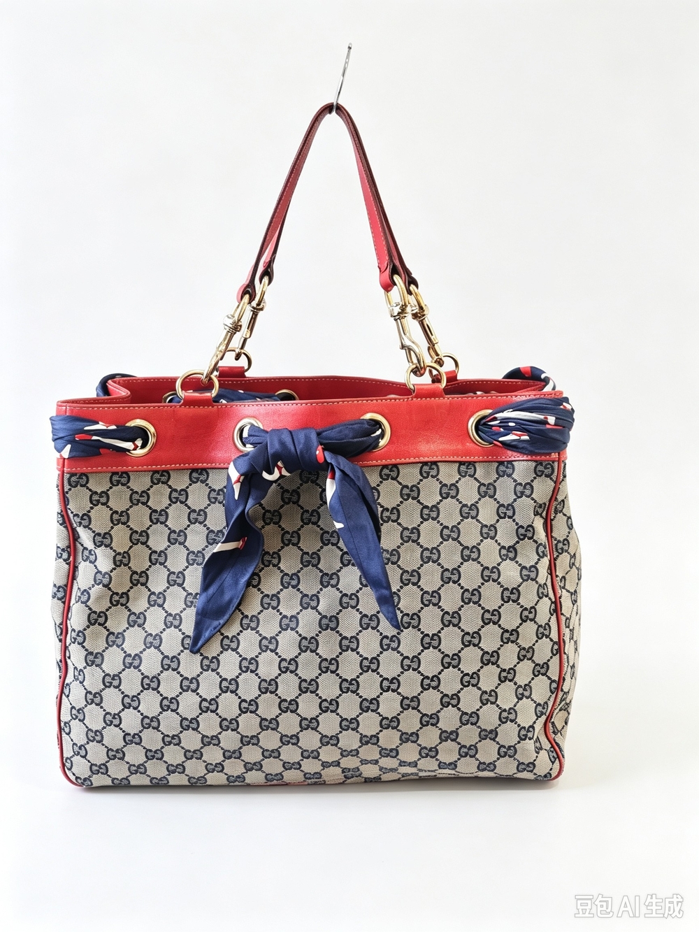 Gucci   GG Monogram Tote Bag, Red Leather Trim with Decorative Navy Silk S